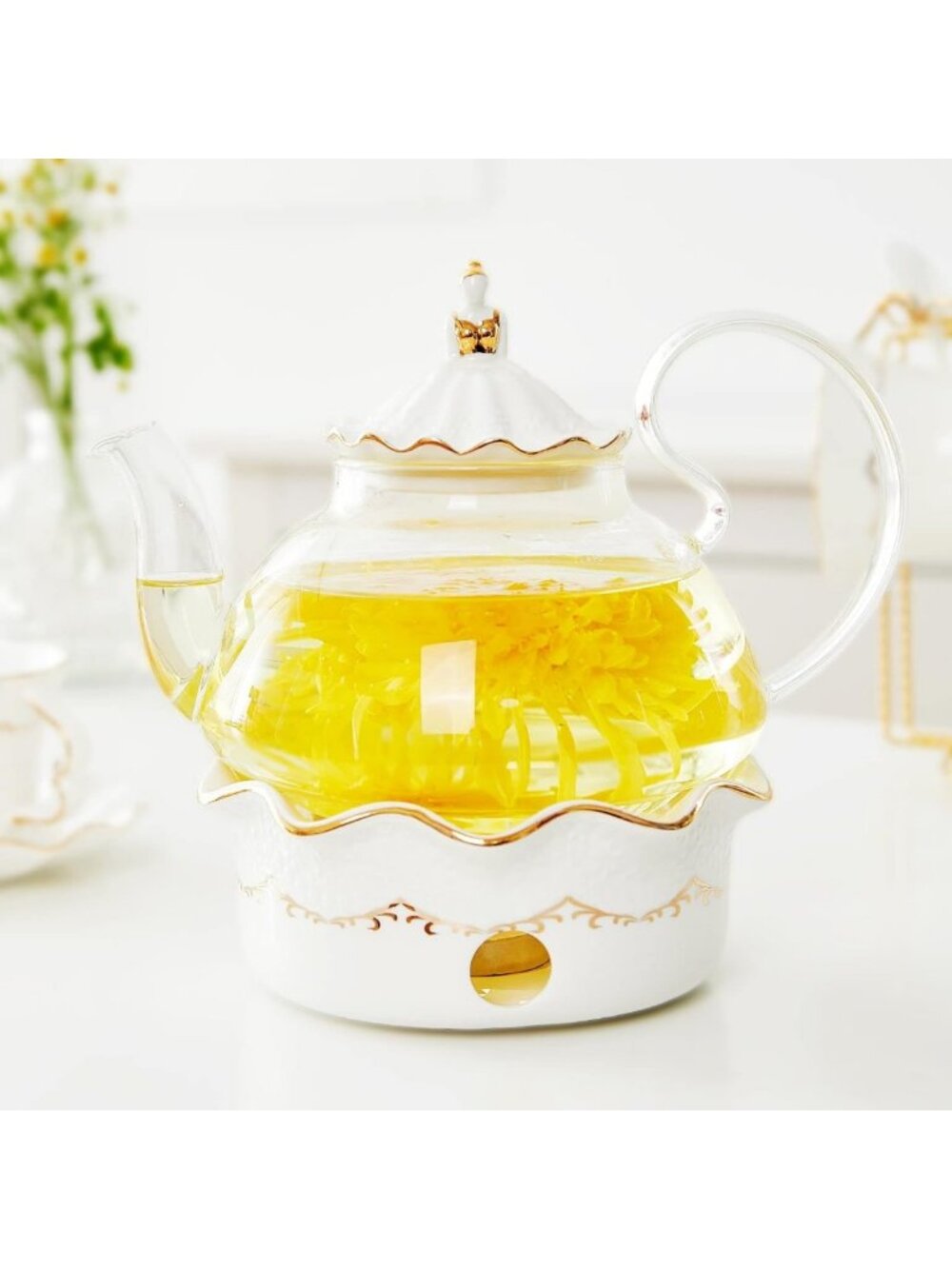 Elegant Glass Teapot Set with Warmer, Gold Trim, Infuser, Perfect for Tea